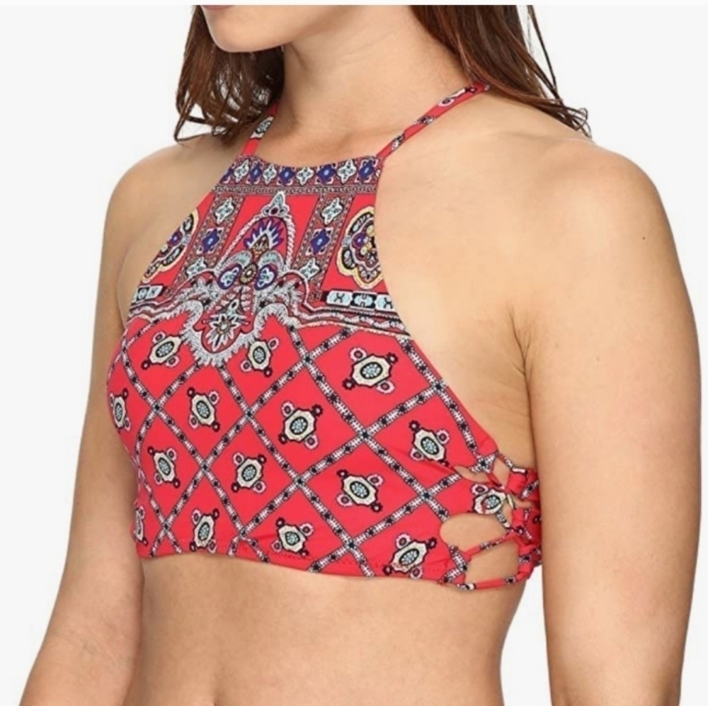 Nanette Lepore Red Paisley Print High Neck Halter Bikini Top Size Small New